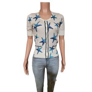 crew neck short sleeve start fish  button-down top S